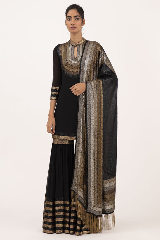 Gharara Set in Striped Sequin Embroidery