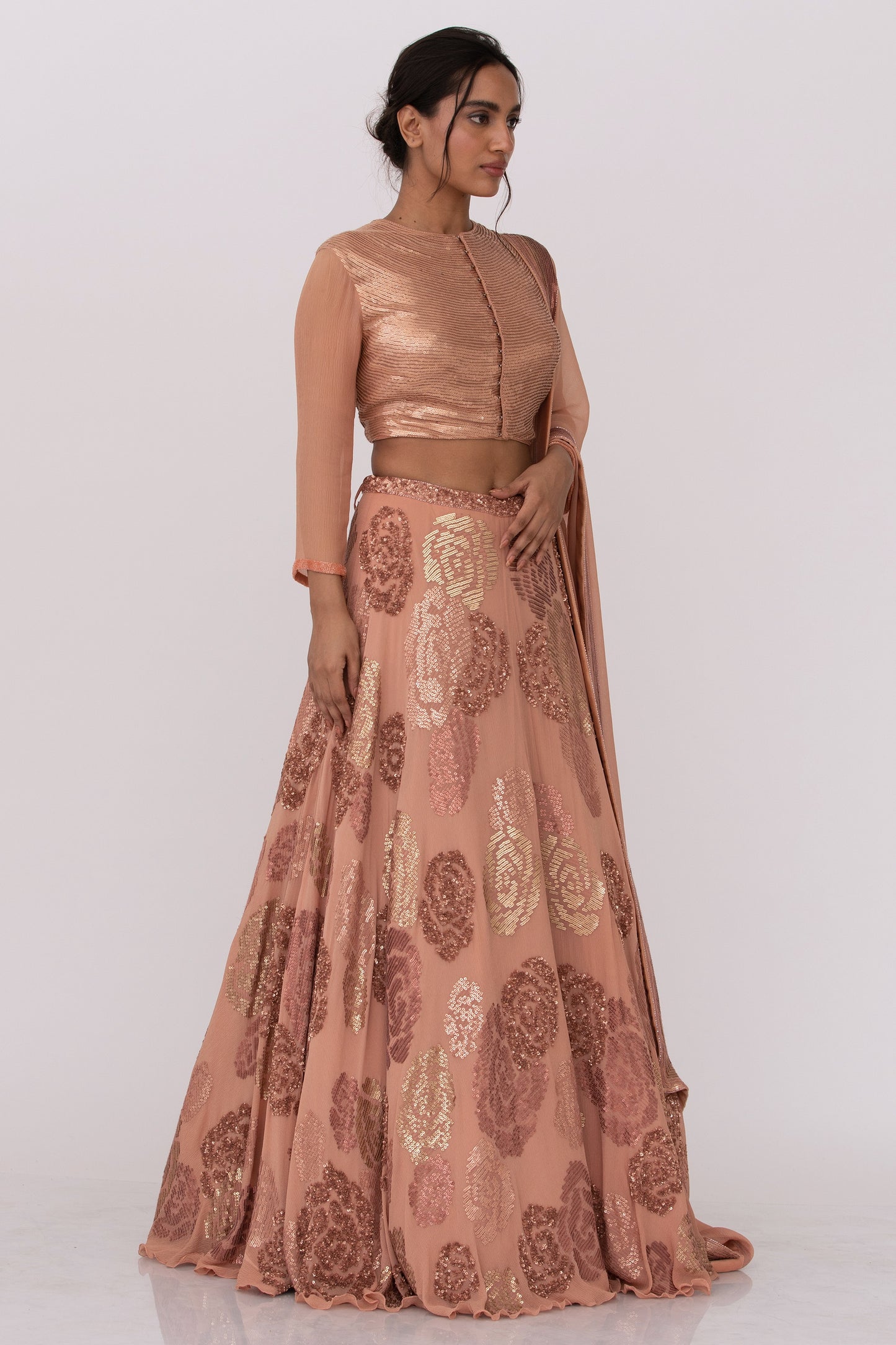 Lehenga Set in Signature Rose design in gold & metallic  sequin embroidery