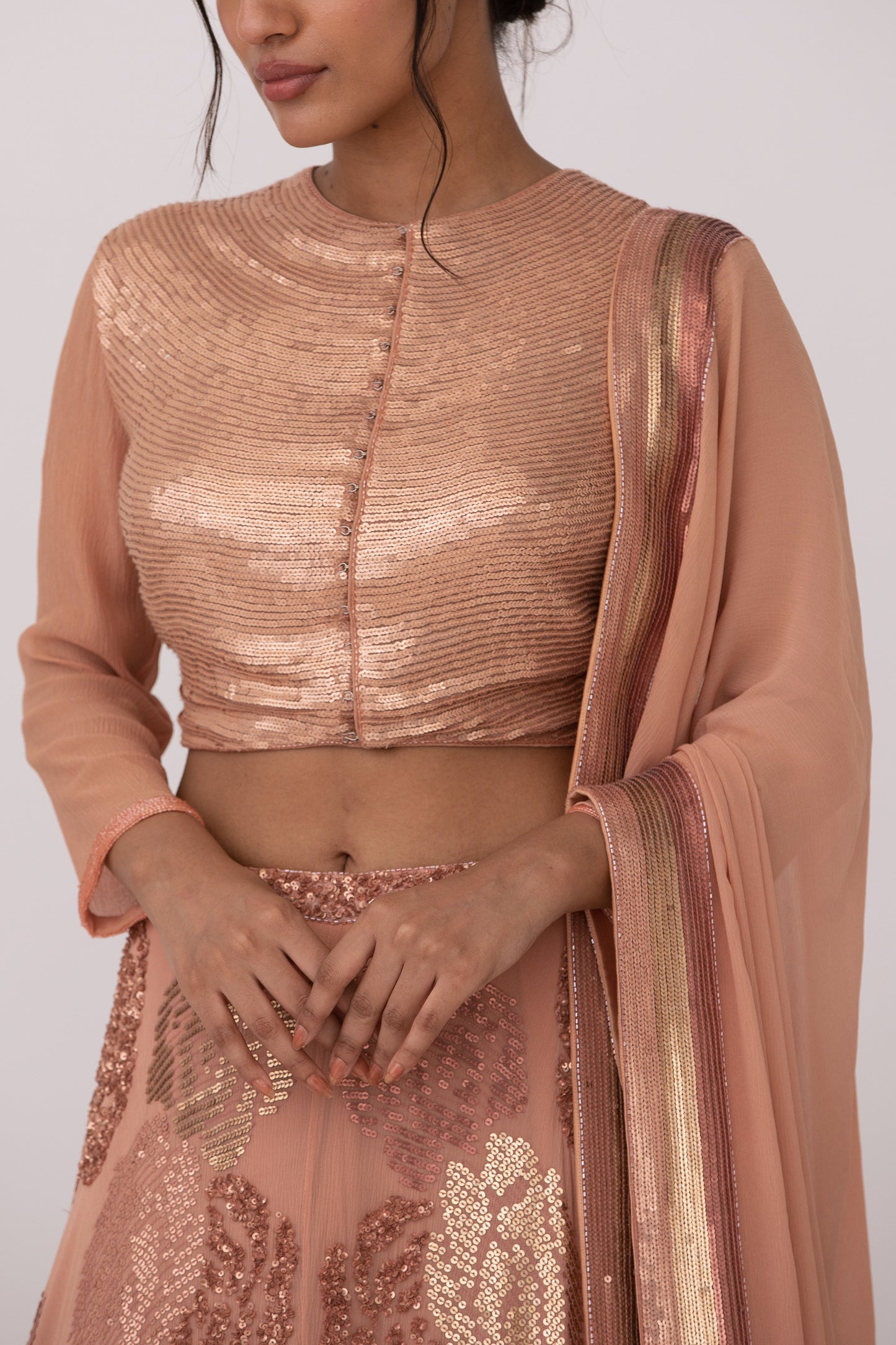 Lehenga Set in Signature Rose design in gold & metallic  sequin embroidery