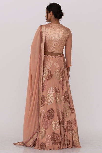 Lehenga Set in Signature Rose design in gold & metallic  sequin embroidery