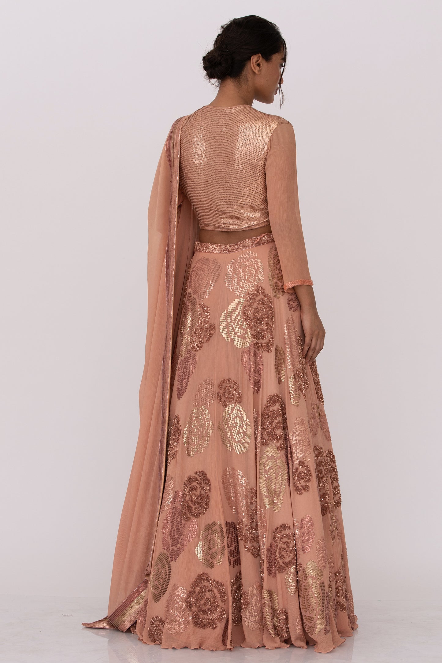 Lehenga Set in Signature Rose design in gold & metallic  sequin embroidery