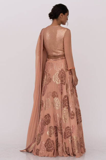 Lehenga Set in Signature Rose design in gold & metallic  sequin embroidery