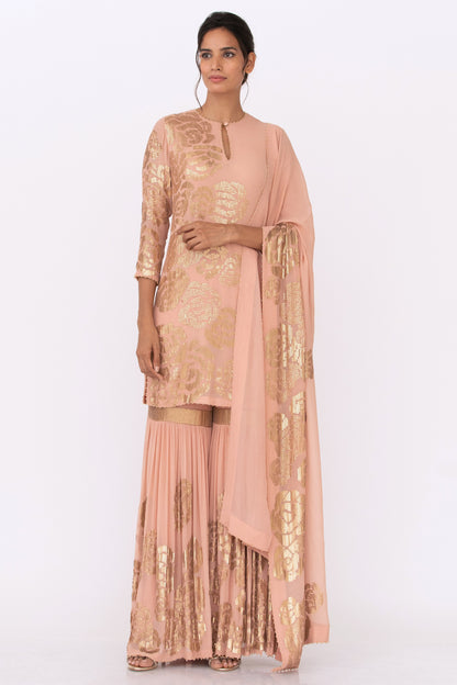 Gharara Set in Signature Rose Design in Gold Sequins Embroidery
