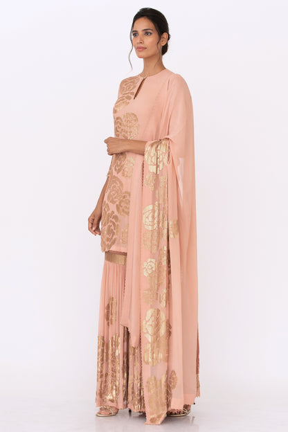 Gharara Set in Signature Rose Design in Gold Sequins Embroidery