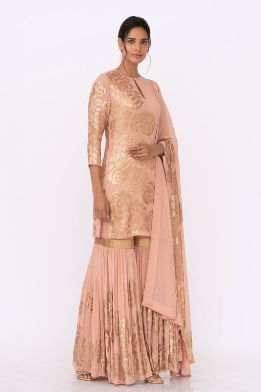 Gharara Set in Signature Rose Design in Gold Sequins Embroidery