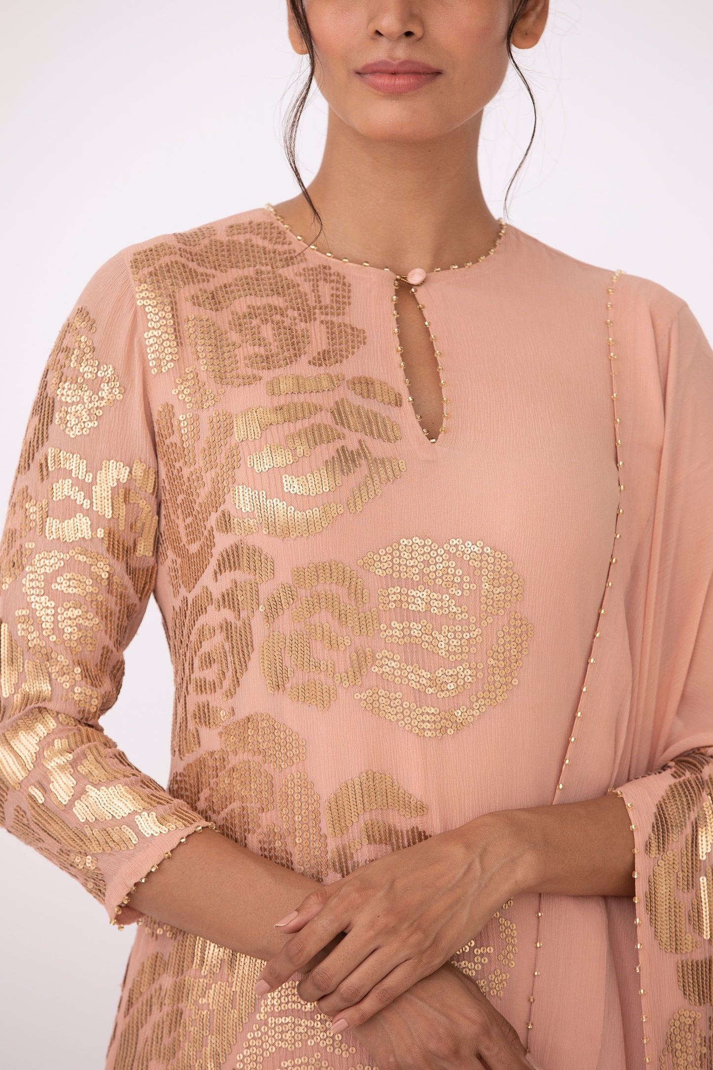 Gharara Set in Signature Rose Design in Gold Sequins Embroidery