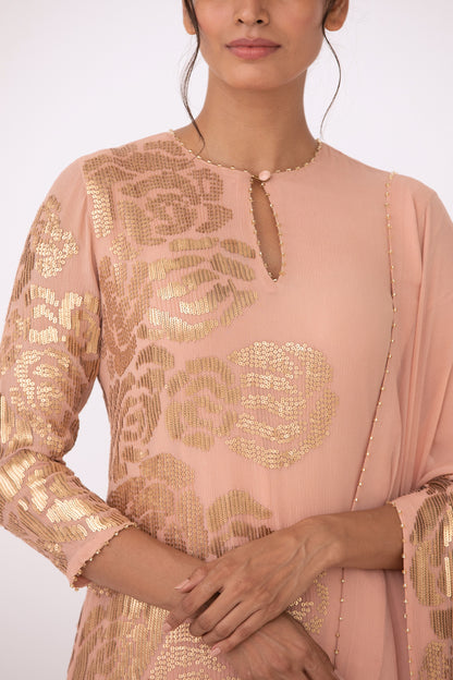 Gharara Set in Signature Rose Design in Gold Sequins Embroidery