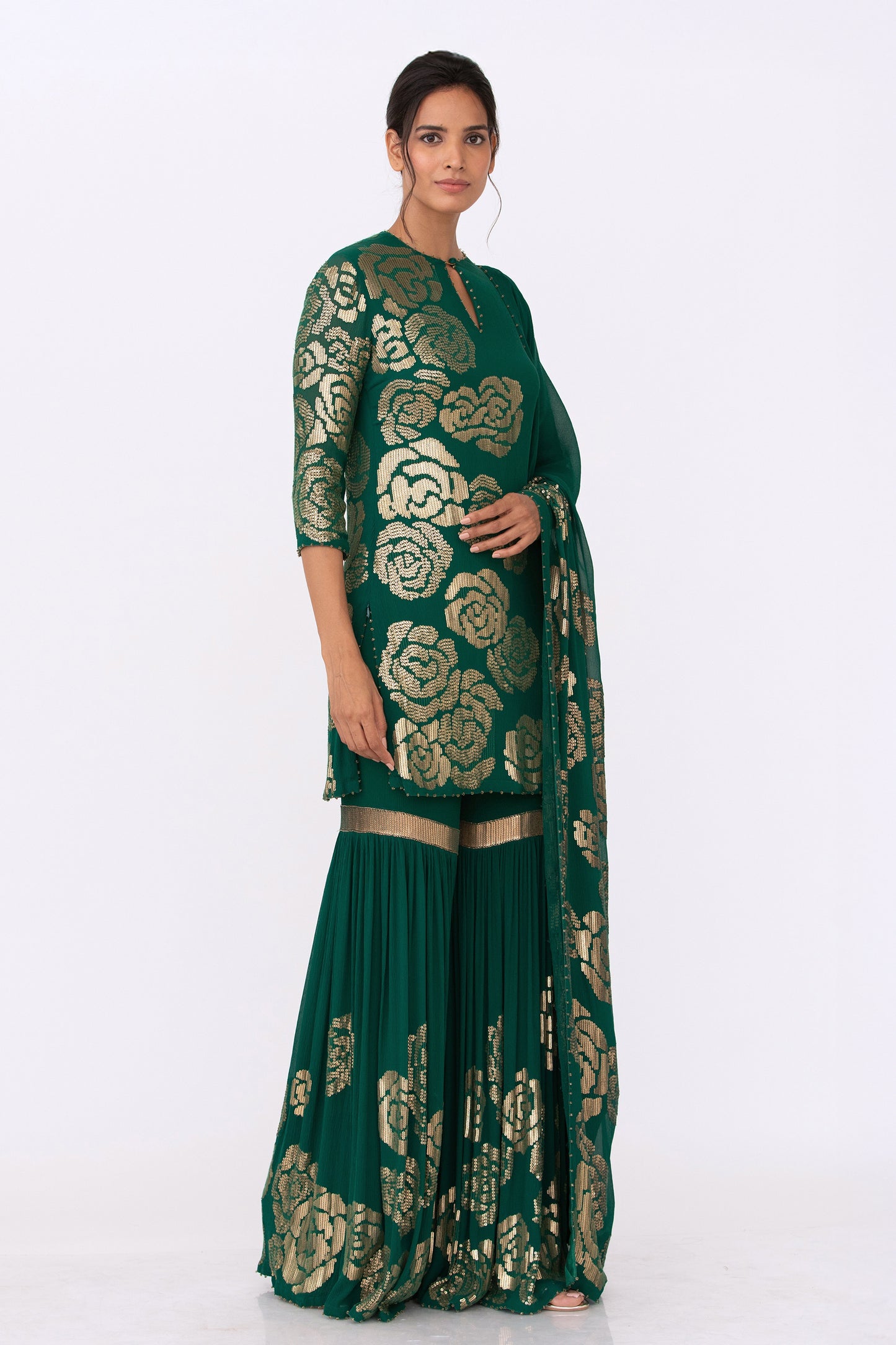 Gharara Set in Signature Rose Design in Gold Sequins Embroidery