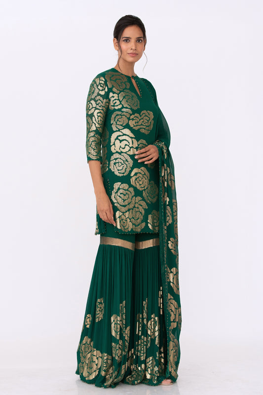 Gharara Set in Signature Rose Design in Gold Sequins Embroidery