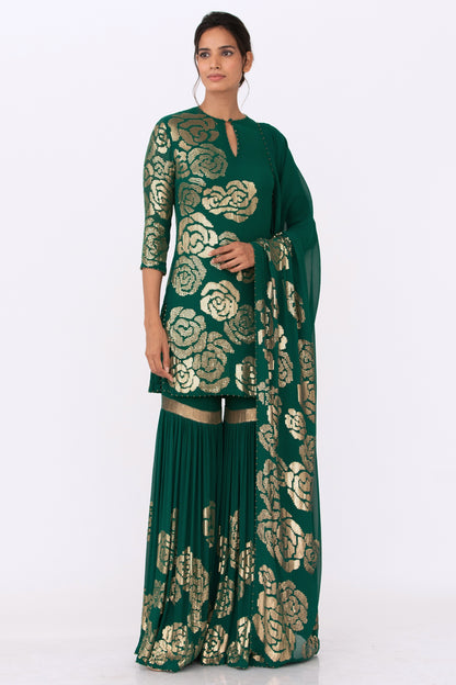 Gharara Set in Signature Rose Design in Gold Sequins Embroidery