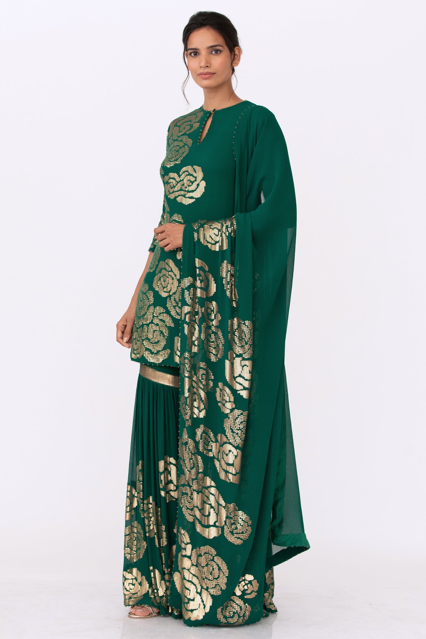 Gharara Set in Signature Rose Design in Gold Sequins Embroidery