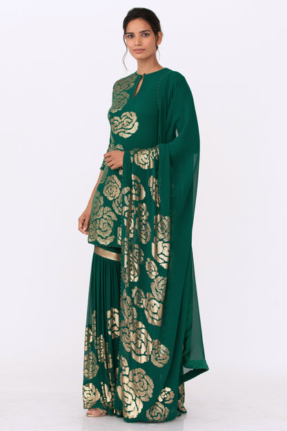 Gharara Set in Signature Rose Design in Gold Sequins Embroidery