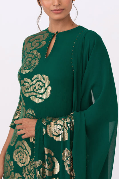 Gharara Set in Signature Rose Design in Gold Sequins Embroidery