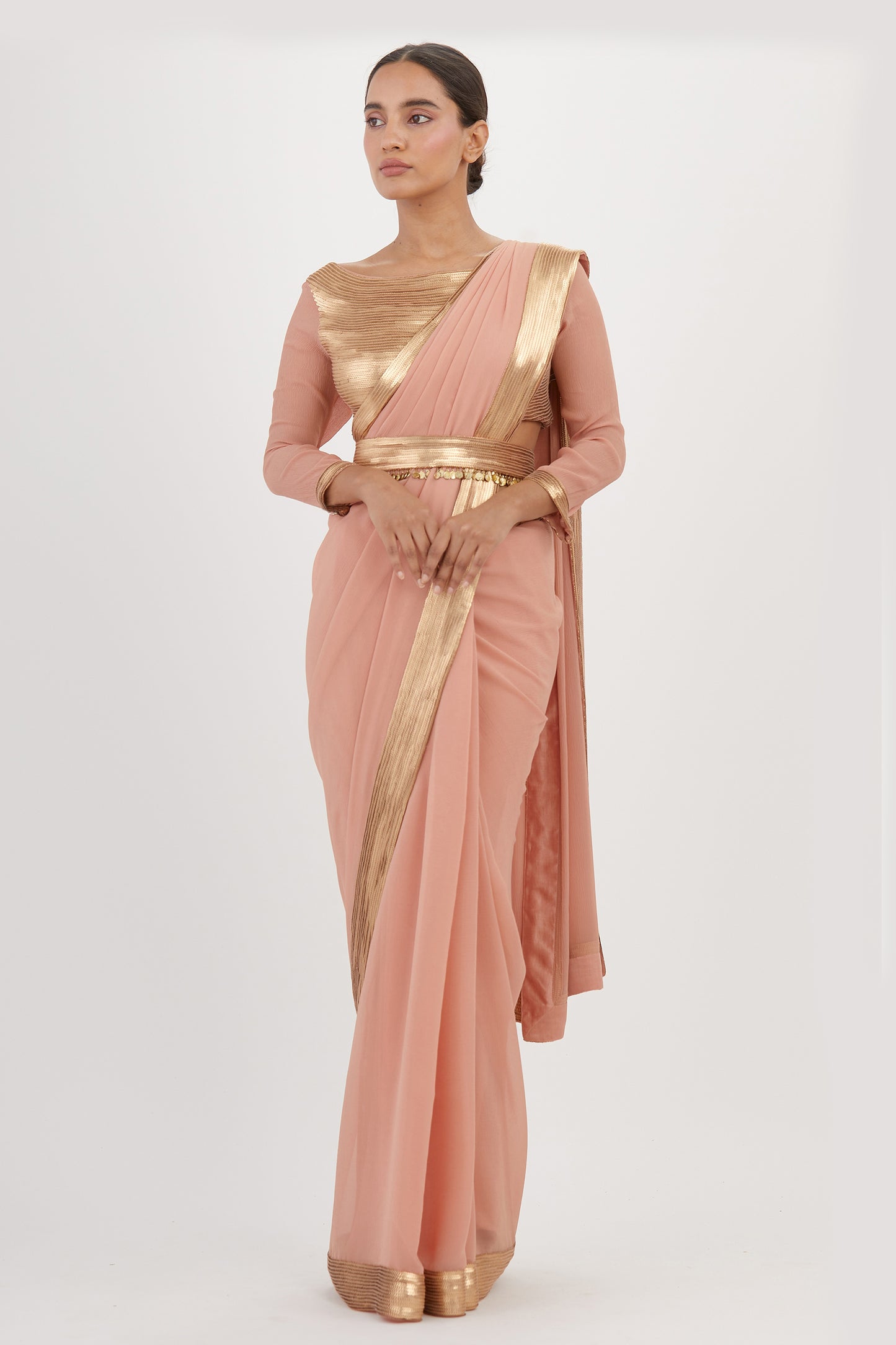 Sari Set in Gold Border in Sequin Embroidery