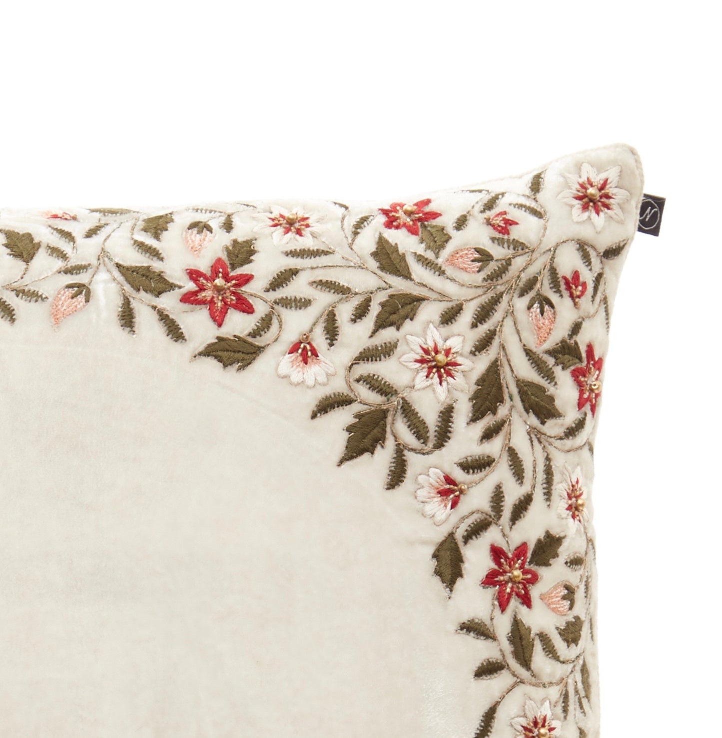 Nakul Sen  White Velvet Embroidered Cushion Cover With Filler Single Pc