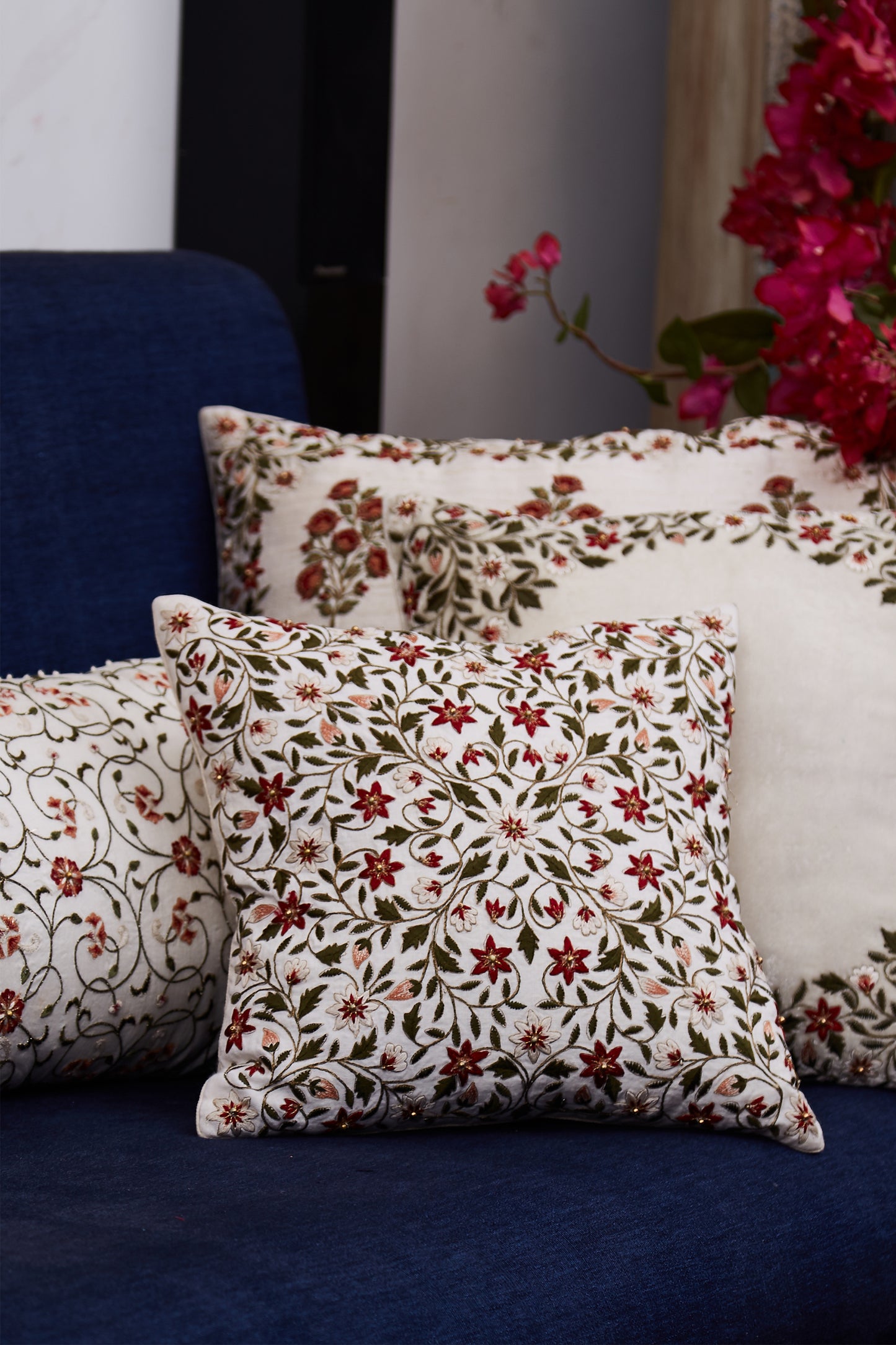 Nakul Sen  White Linen Embroidered Cushion Cover With Filler Single Pc