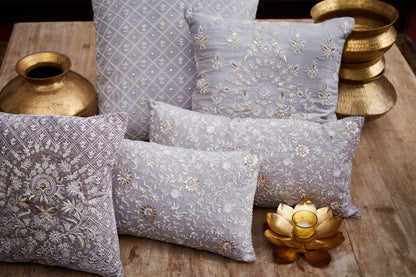 Nakul Sen  Grey Cotton Embroidered Rectangle Cushion Cover With Filler Single Pc