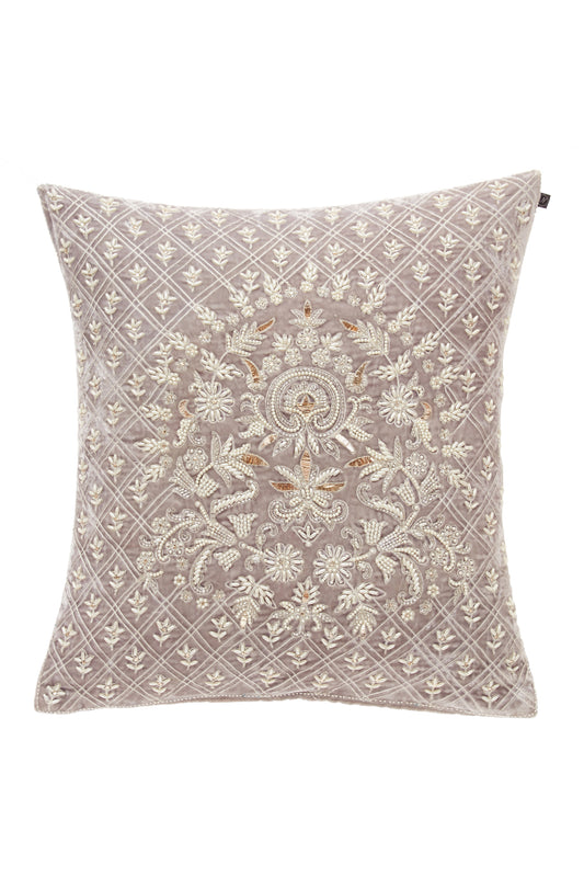 Nakul Sen  Grey Cotton Embroidered Velvet Cushion Cover With Filler Single