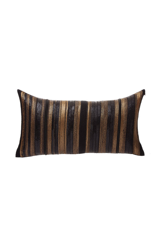 Nakul Sen  Black Raw Silk Embroidered Rectangle Cushion Cover With Filler Single Pc
