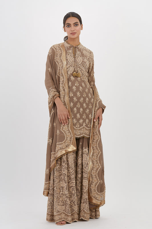 Gharara Set in Old world Ivory Thread and Sequin Embroidery
