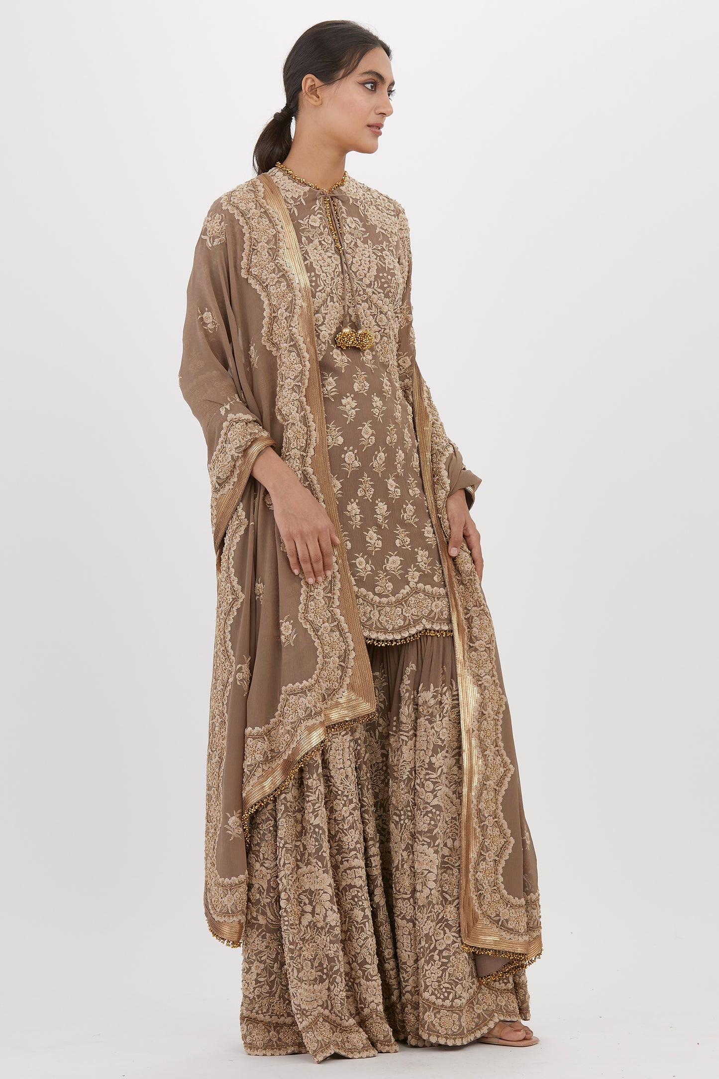 Gharara Set in Old world Ivory Thread and Sequin Embroidery