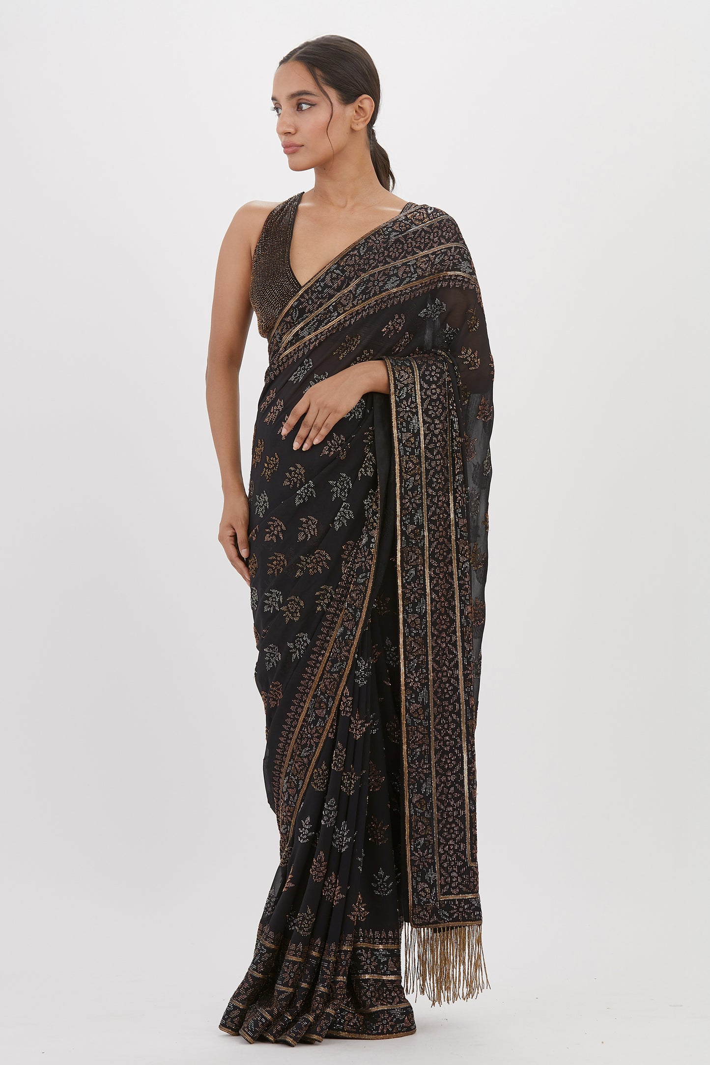 Sari Set with Spiral Beadwork and Sequin Embroidery