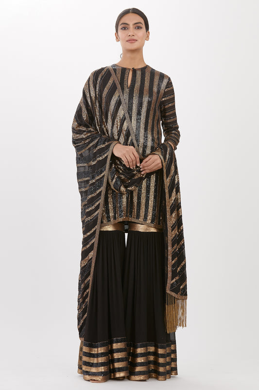 Gharara Set in Striped Sequin Embroidery