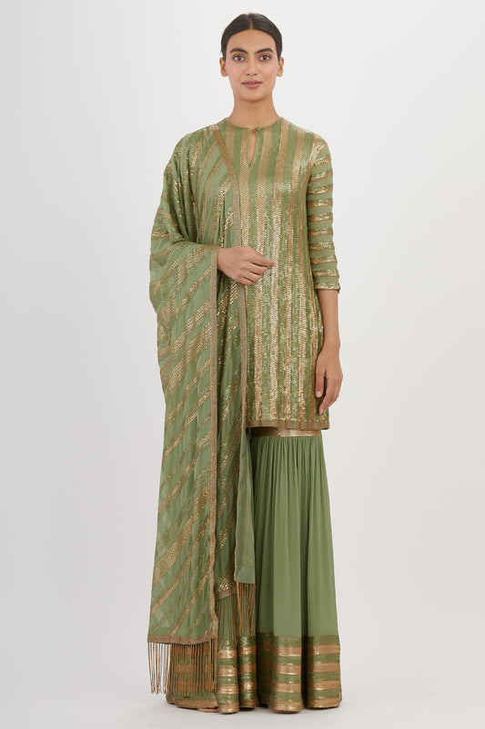 Gharara Set in Striped Sequin Embroidery