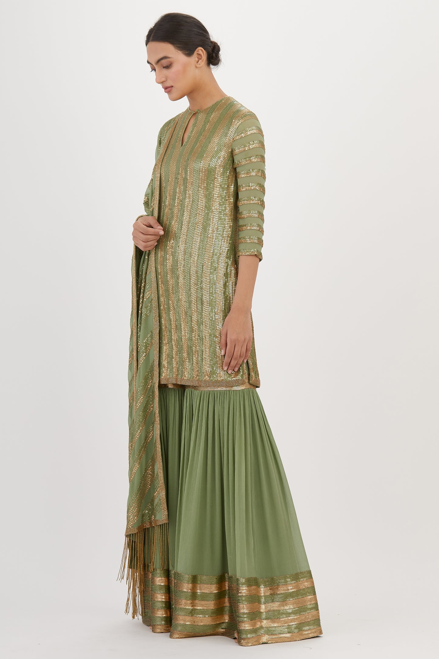 Gharara Set in Striped Sequin Embroidery