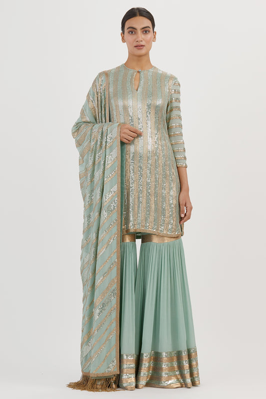 Gharara Set in Striped Sequin Embroidery