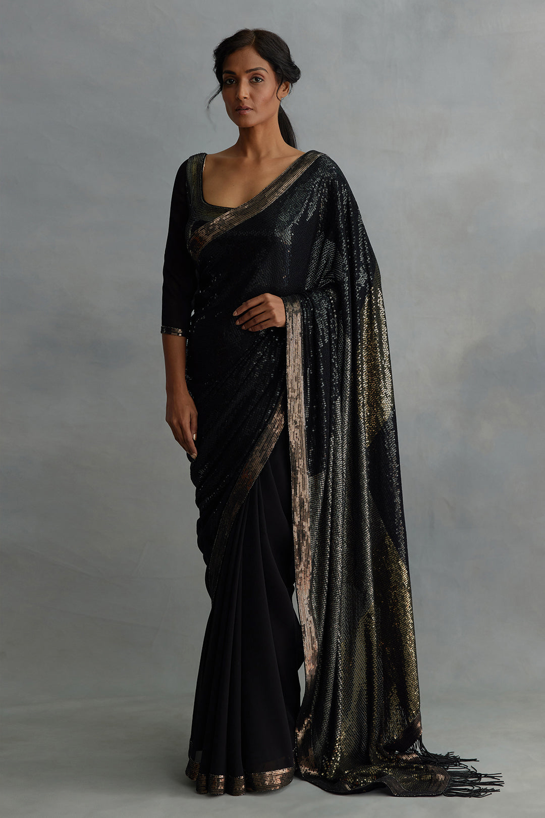 Sari Set in Colour Block Sequin Embroidery