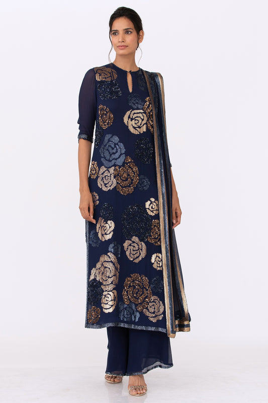 Kurta Set in Signature Rose in Gold Sequin Embroidery