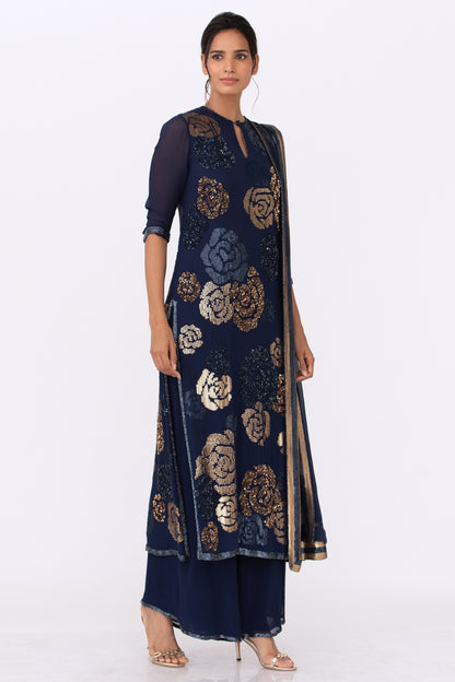 Kurta Set in Signature Rose in Gold Sequin Embroidery