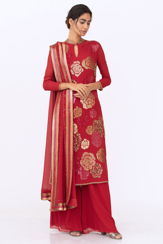 Kurta Set in Signature Rose in Gold Sequin Embroidery