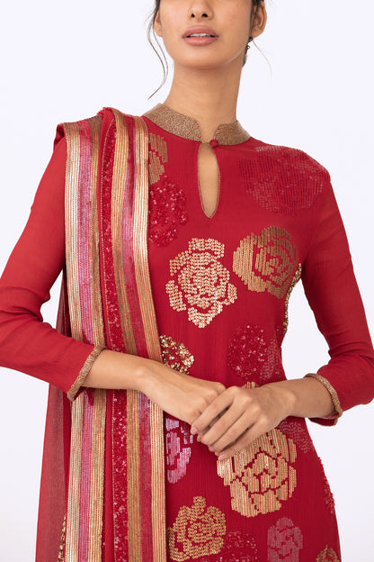 Kurta Set in Signature Rose in Gold Sequin Embroidery