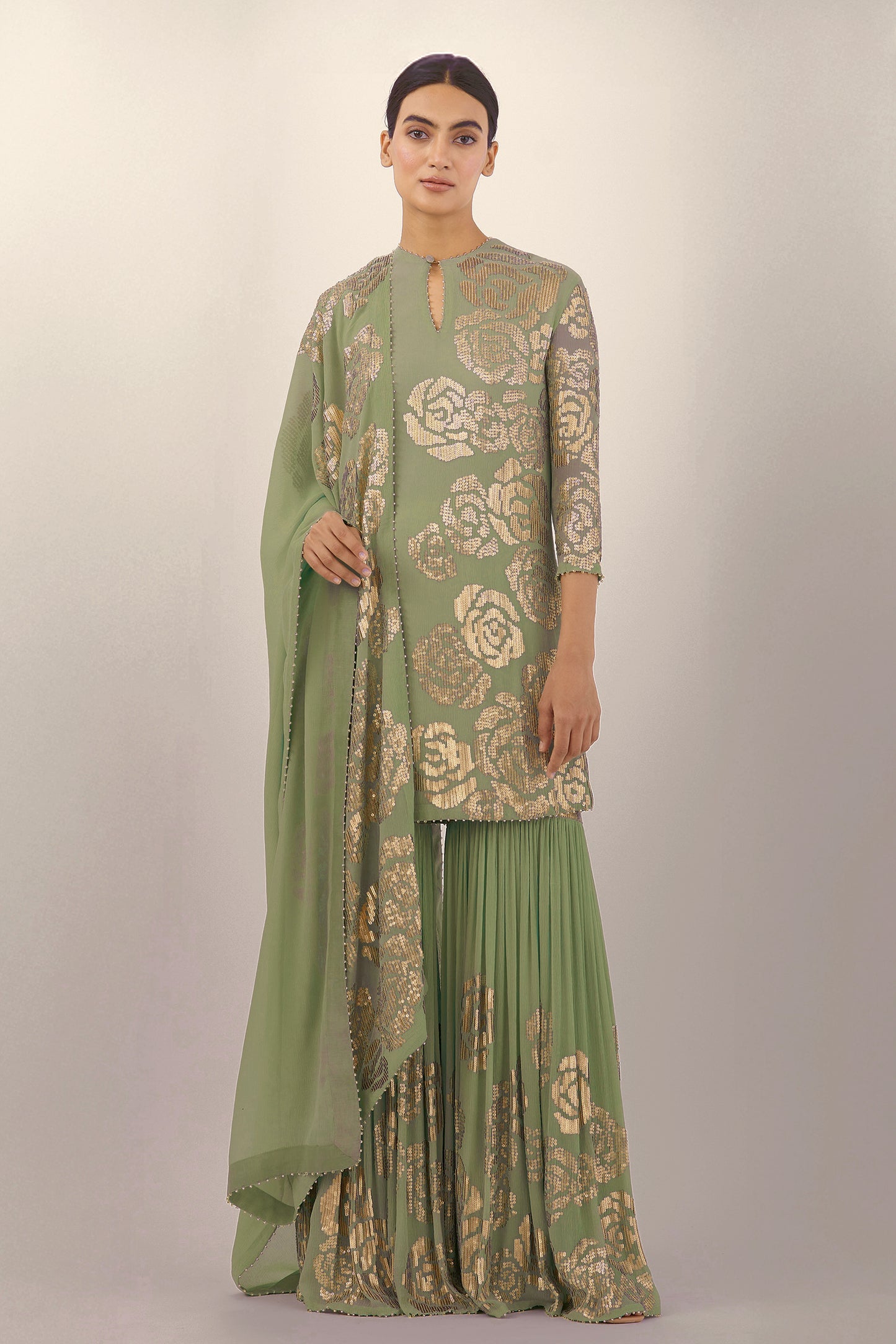 Gharara Set in Signature Rose Design in Gold Sequins Embroidery