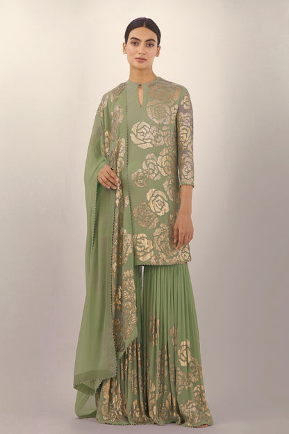 Gharara Set in Signature Rose Design in Gold Sequins Embroidery