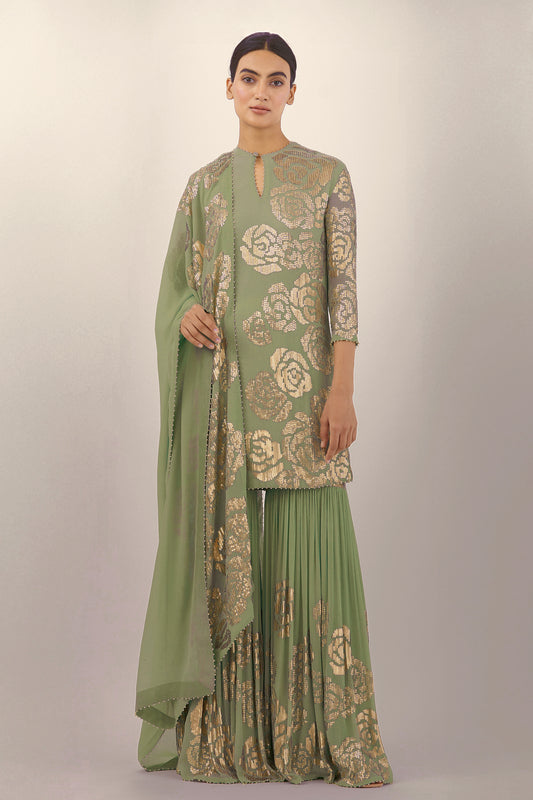 Gharara Set in Signature Rose Design in Gold Sequins Embroidery