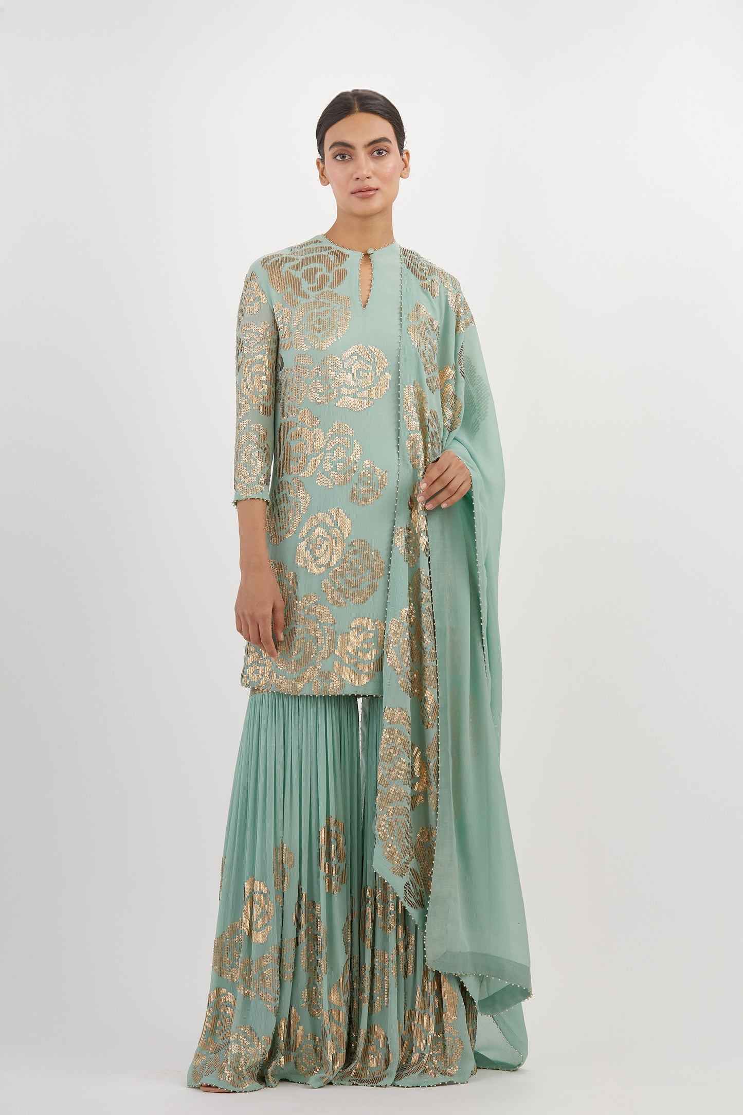 Gharara Set in Signature Rose Design in Gold Sequins Embroidery