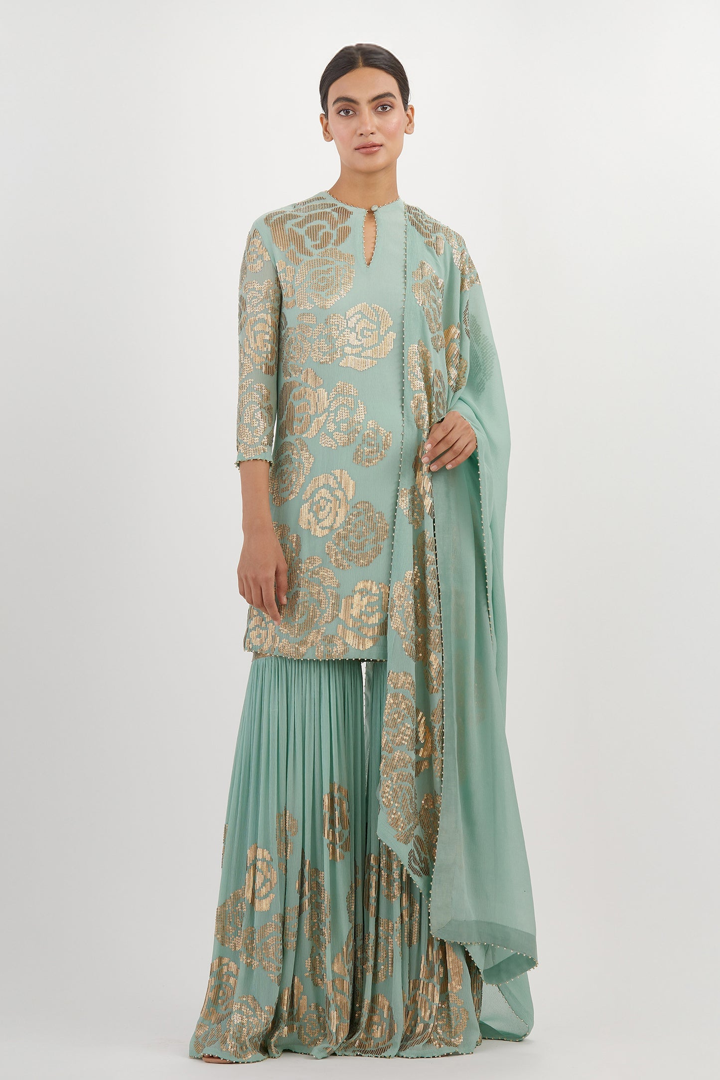 Gharara Set in Signature Rose Design in Gold Sequins Embroidery