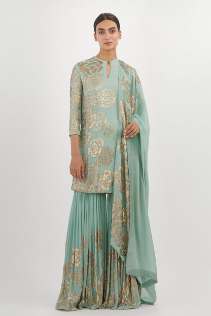 Gharara Set in Signature Rose Design in Gold Sequins Embroidery