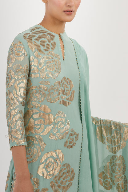 Gharara Set in Signature Rose Design in Gold Sequins Embroidery
