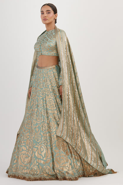 Lehenga Set in Signature Rose Pattern Gold Sequin Embroidery