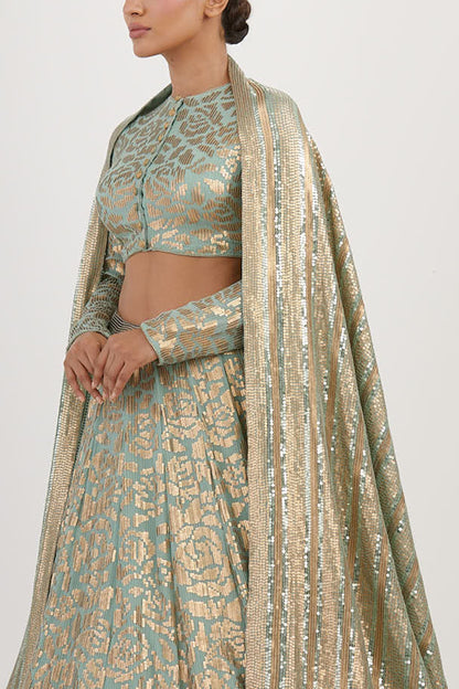 Lehenga Set in Signature Rose Pattern Gold Sequin Embroidery