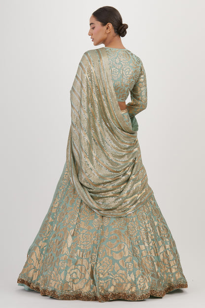 Lehenga Set in Signature Rose Pattern Gold Sequin Embroidery