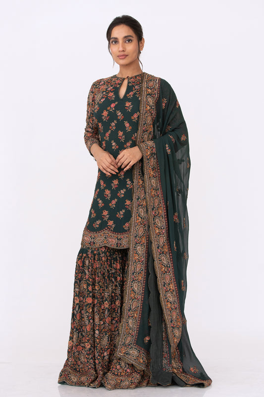 Gharara Set in Paisley Floral Thread embroidery