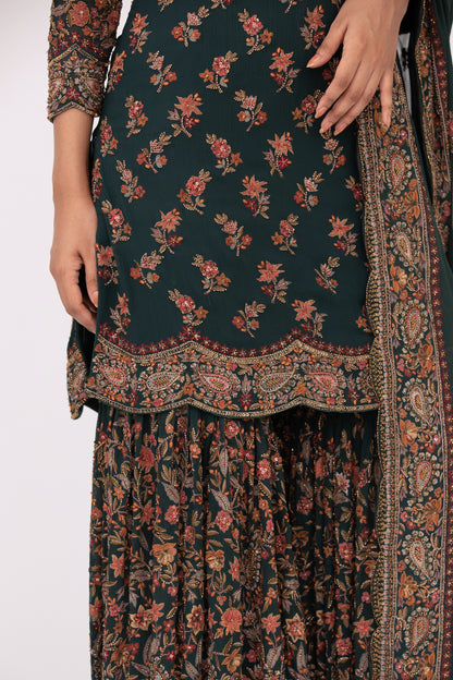 Gharara Set in Paisley Floral Thread embroidery