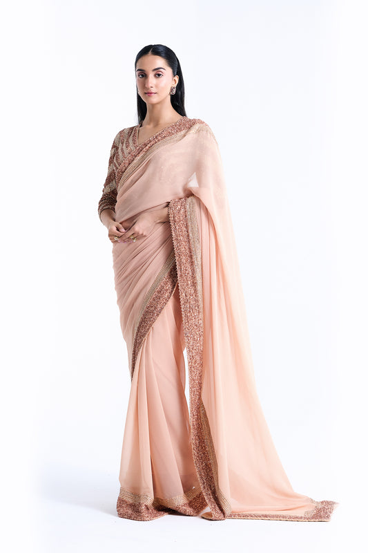 Peach Sari Set in Sequin and Stone