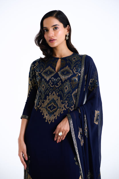Kurta Set in Ikkat Cutdana Embroidery