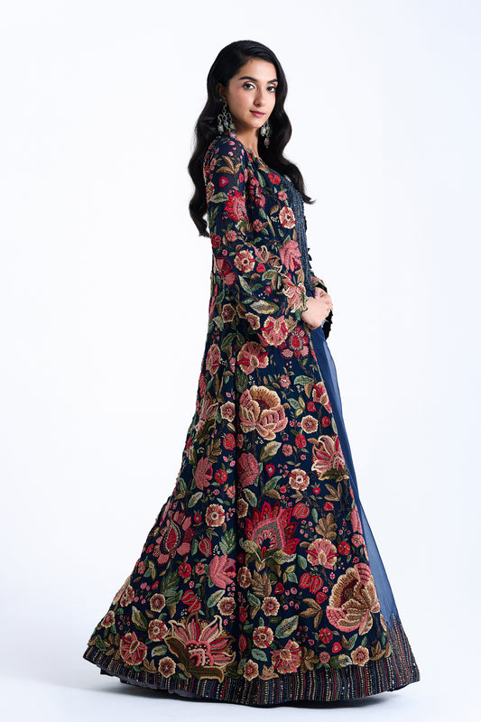 Jacket Set In Floral Thread Embroidery